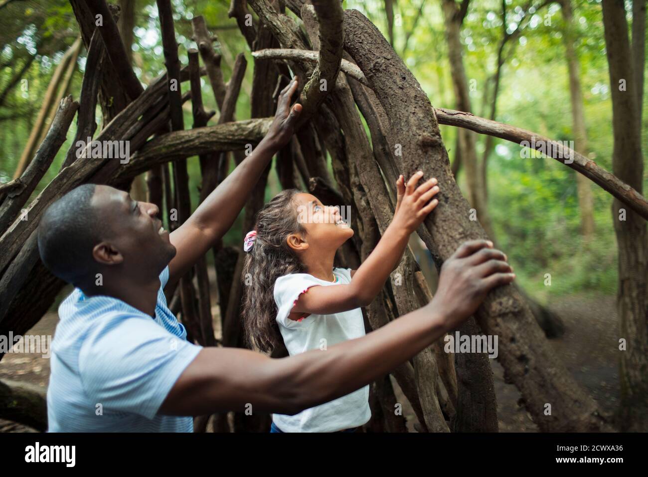 Vater und Tochter machen Tipi mit Ästen in Wäldern Stockfoto