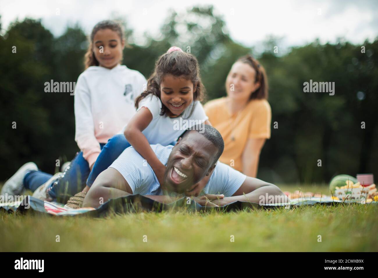 Glückliche verspielte Familie auf Picknickdecke im Park Stockfoto