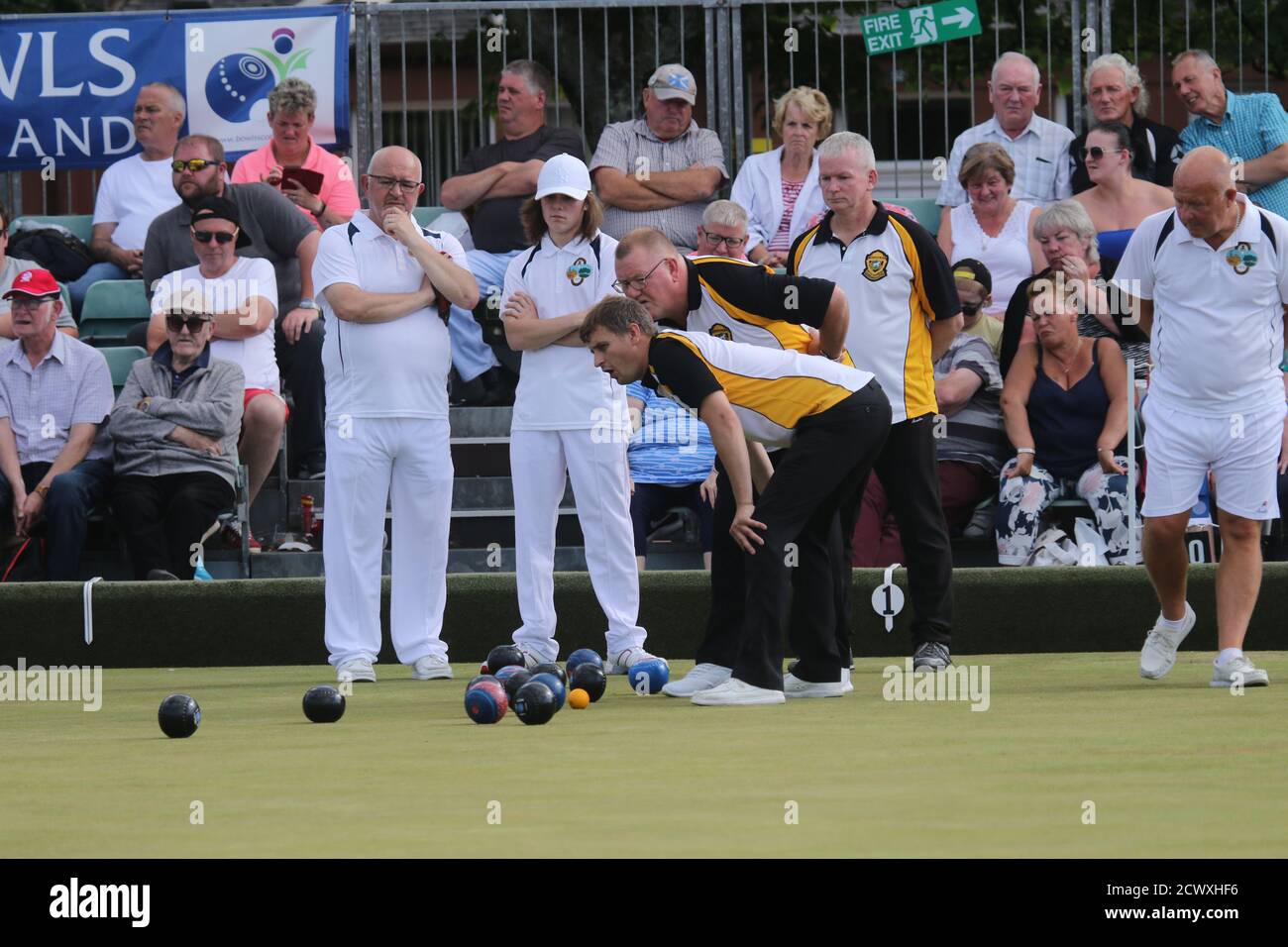 Ayr, Ayrshire, Schottland, Großbritannien 29. Juni 2019. Die 2019 Bowls Scotland National Championships finden auch im National Center for Bowling in Northfield in Ayr von Montag 22. Bis Samstag 27. Juli statt. Schüsseln oder Rasenschalen, ist eine Sportart, in der das Ziel ist, voreingenommene Bälle zu Rollen, so dass sie in der Nähe eines kleineren Ball namens "Jack" oder "Kitty" stoppen. Es wird auf einem Bowling Green gespielt, das flach oder konvex oder uneben sein kann. Stockfoto