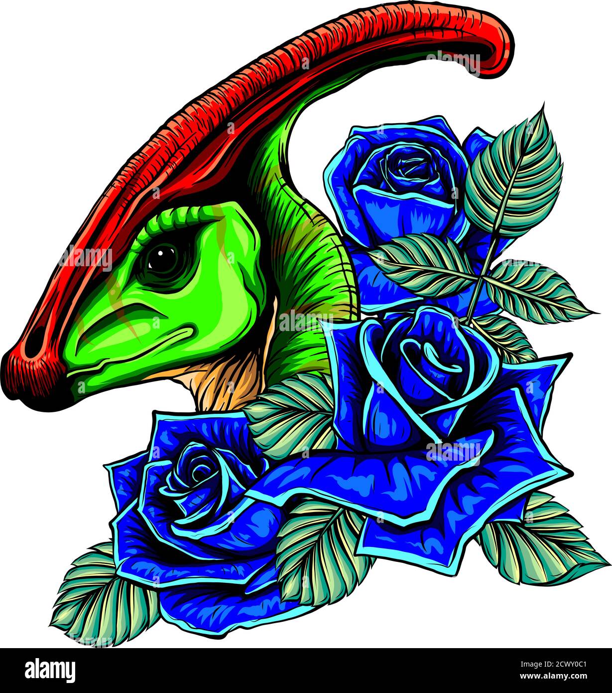 drachenkopf mit Rosen und Blumenvetor Illustration Stock Vektor