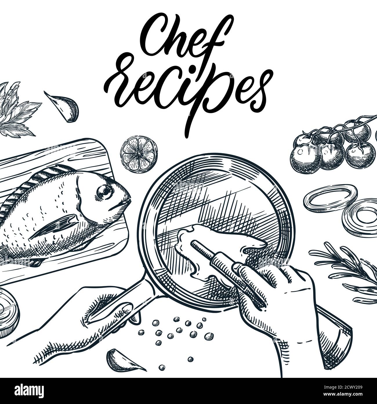 Kochen Thunfisch oder dorado Fisch. Gesunde Mahlzeit Zubereitung Prozess Vektor Skizze Illustration. Menschliche Hände, die Olivenöl in die Bratpfanne gießen. Rezepte des Küchenchefs Stock Vektor