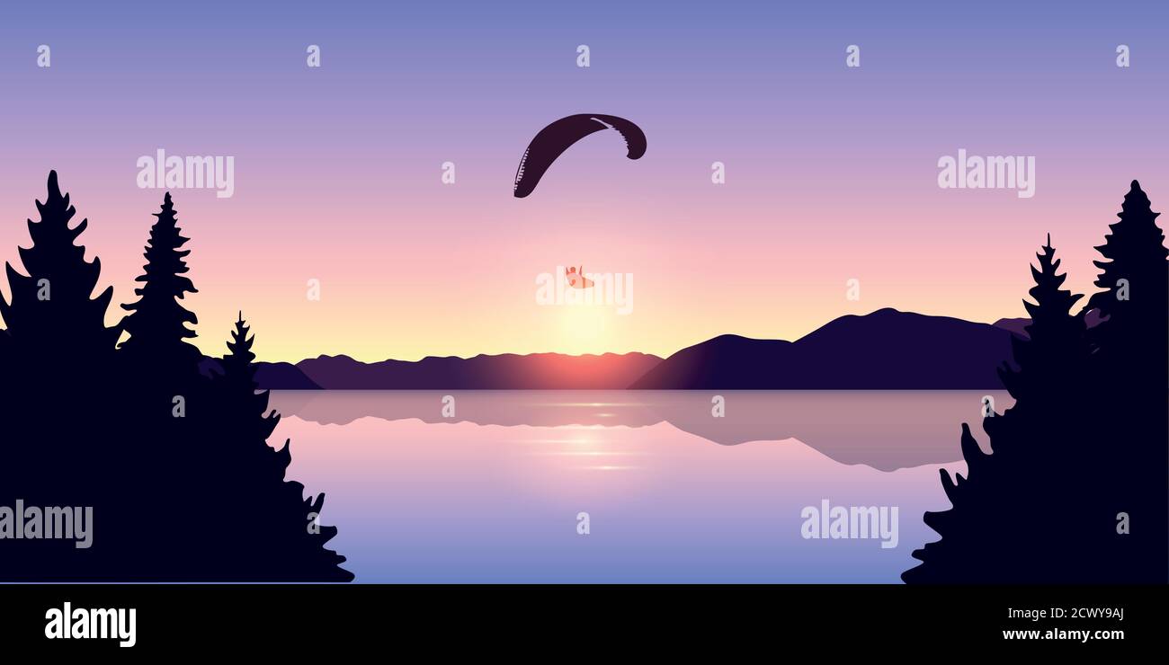 Paragliding Abenteuer am See bei schönem Sonnenaufgang Vektor-Illustration EPS10 Stock Vektor