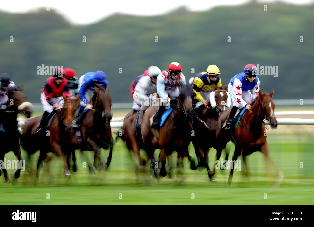 Läufer und Reiter treten im Star Sports Owners Club 20k Guarantee Handicap auf der Nottingham Racecourse in Nottingham an. Stockfoto