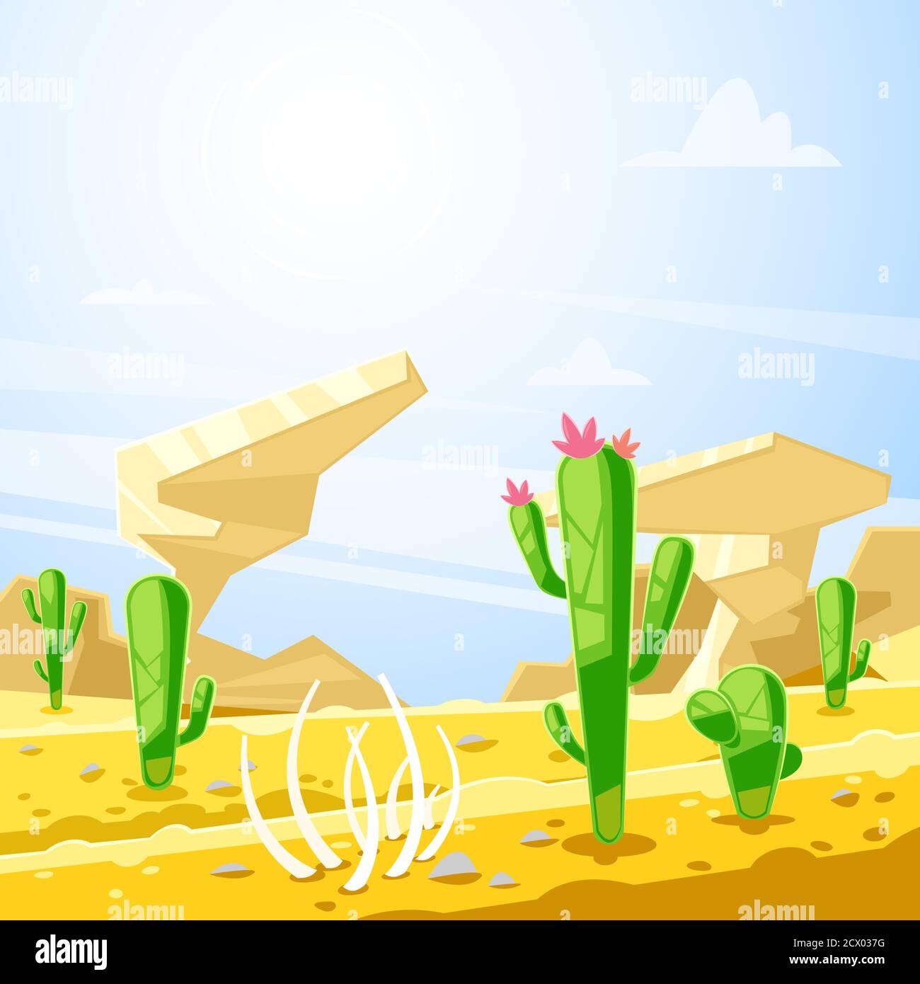Wüstenlandschaft, Vektorgrafik. Kakteen, Felsen und Sanddünen Cartoon Hintergrund. Sommer Reise und Abenteuer Konzept. Stock Vektor