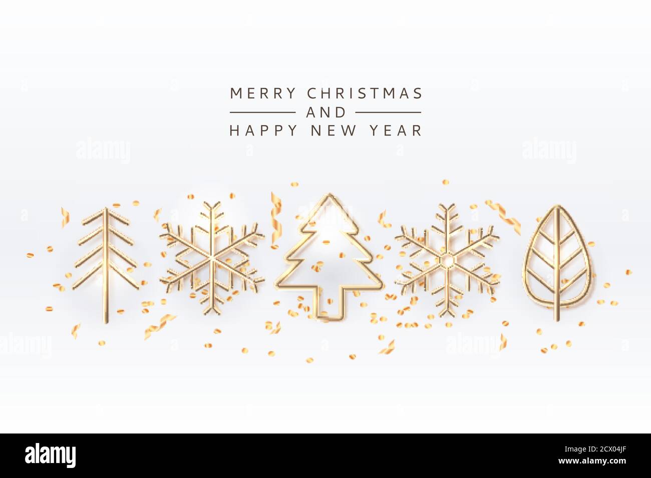 Weihnachten goldene Feiertagsdekoration und Design-Elemente. Vektor 3d Illustration von Weihnachtsbaum, Schneeflocken und Blatt isoliert auf weißem Hintergrund. G Stock Vektor