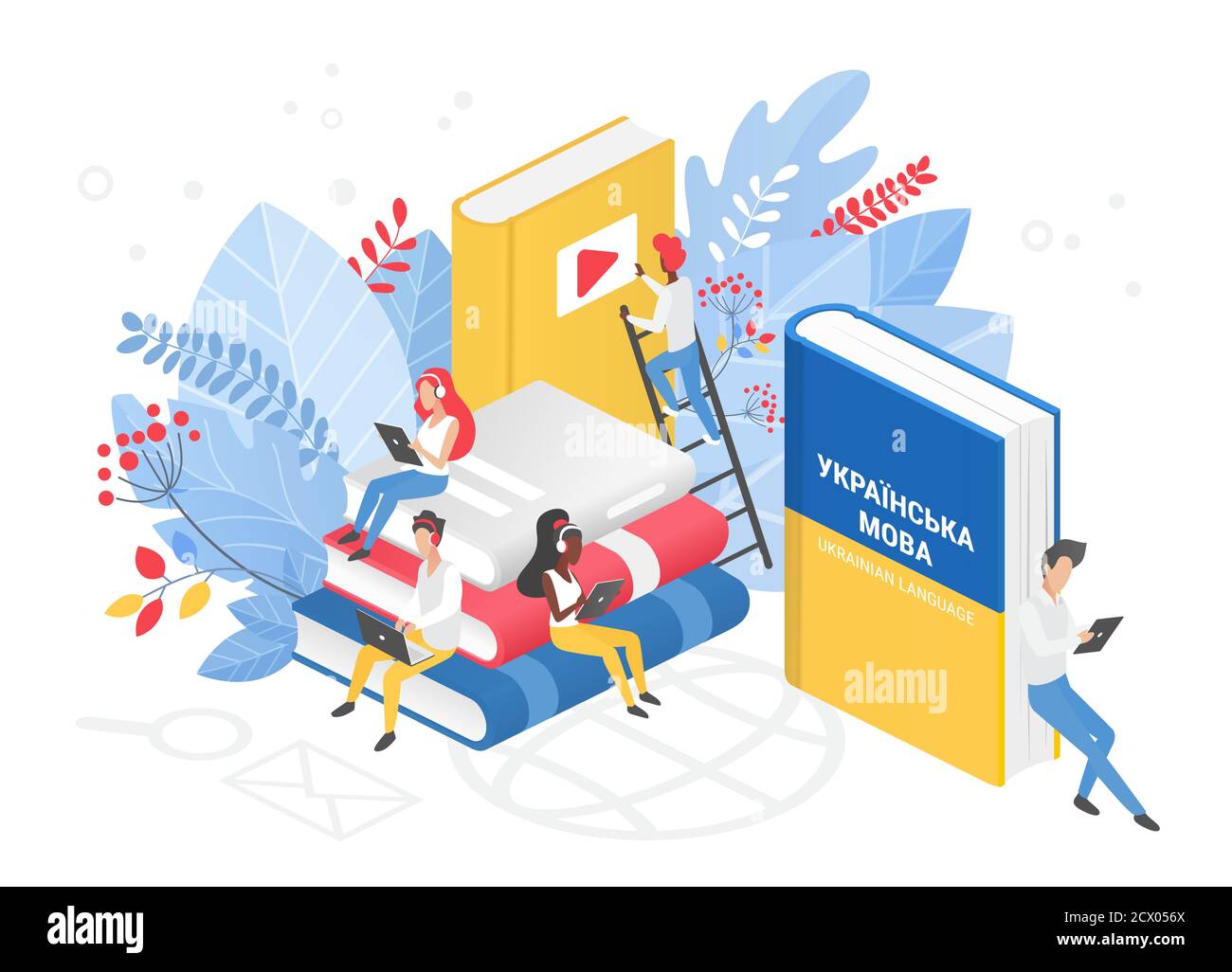 Online Ukrainisch Sprachkurse isometrische 3d Illustration. Fernunterricht, Fernschule, Ukraine Universität. Sprache Internet-Klasse, Studenten Bücher lesen. Fremdsprachen unterrichten. Stock Vektor