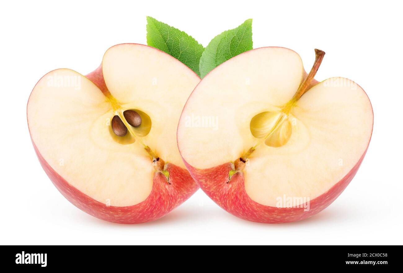 Rote Apfelfrucht halbiert isoliert auf weißem Hintergrund Stockfoto
