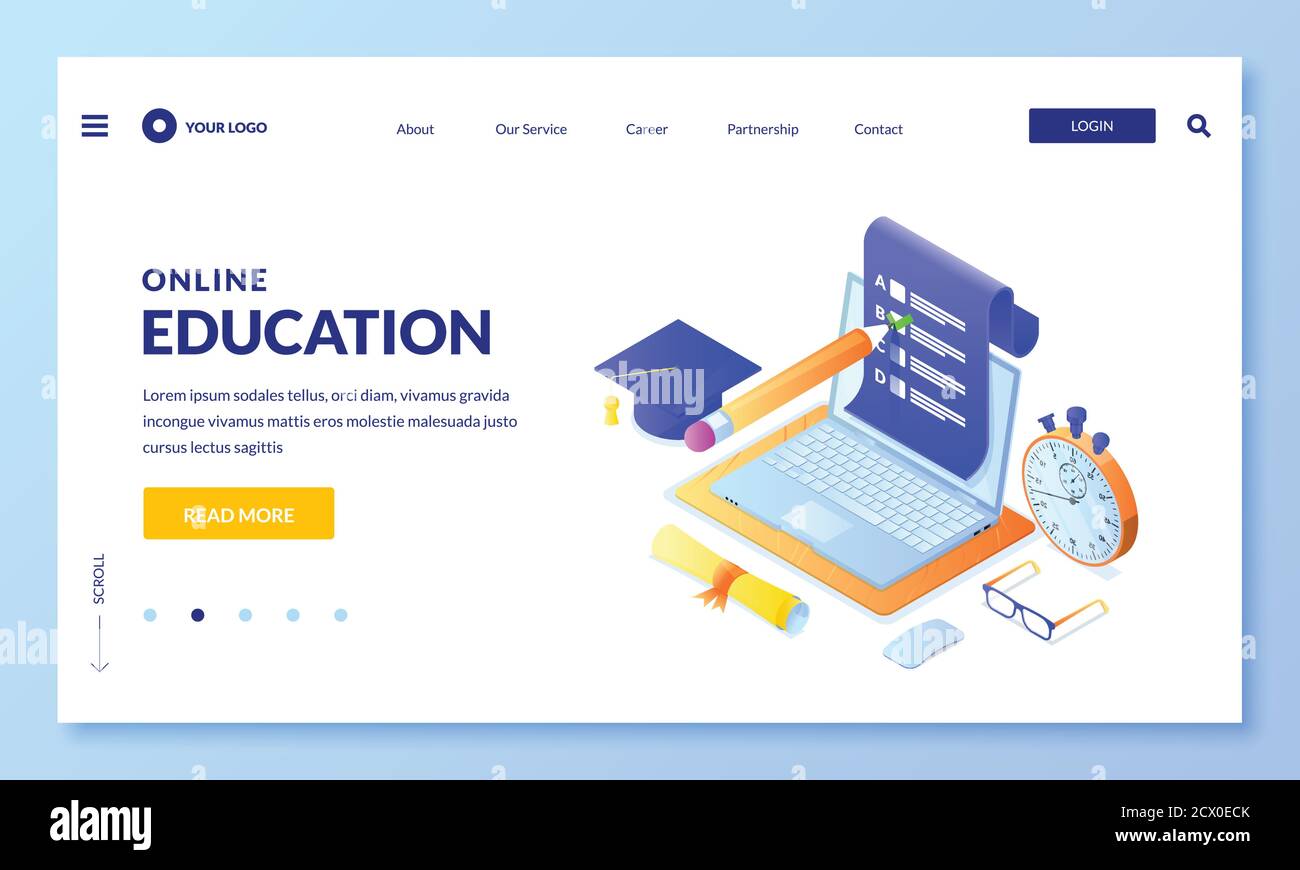 Online-Prüfung Test Vektor 3d isometrische Illustration. Vorlage für Landing Page oder Banner Design. Internet-Bildungs-, Lern- und Ausbildungskonzept. Stock Vektor