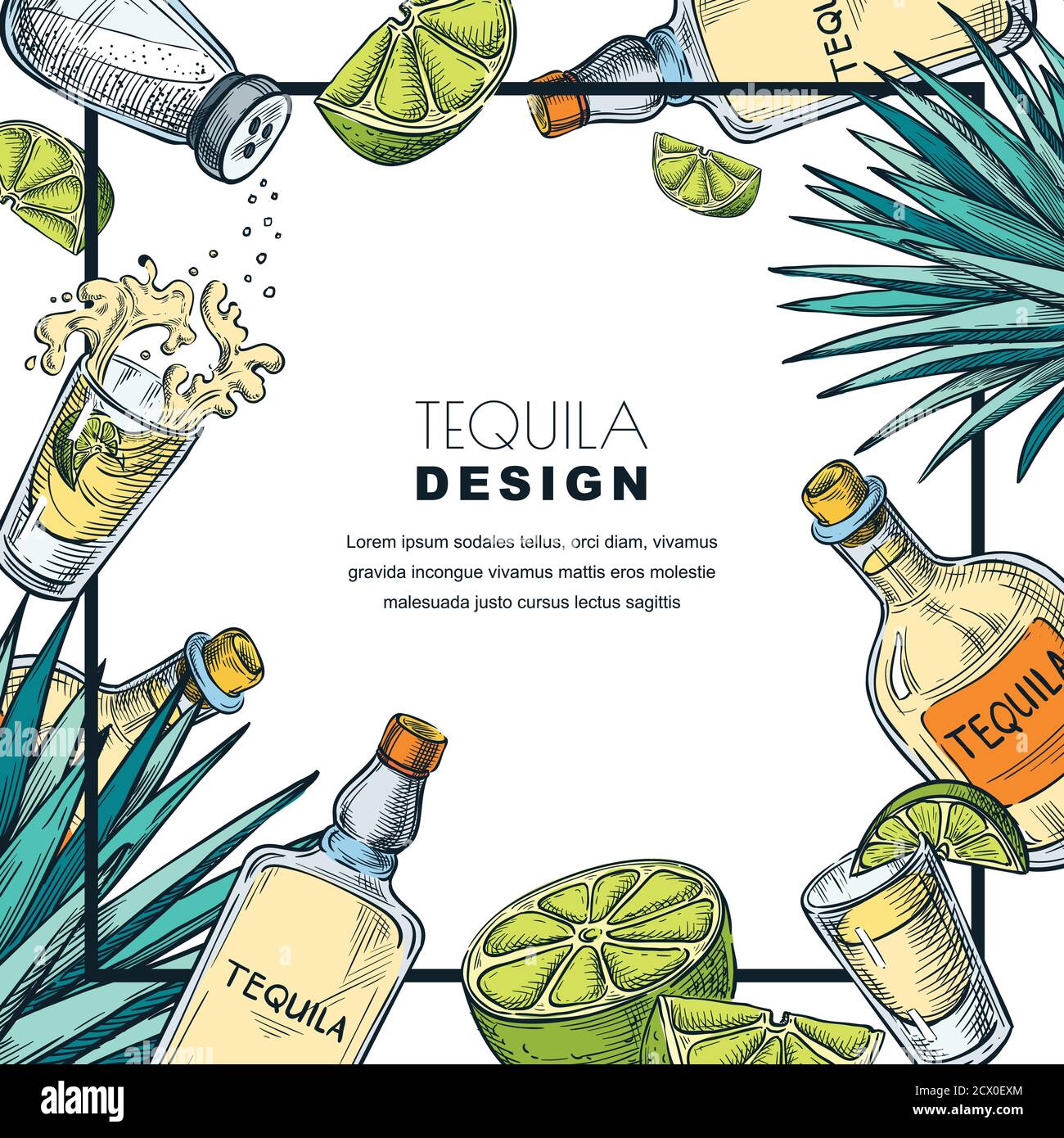 Tequila Label Design Vorlage. Skizzenvektordarstellung von Flaschen, Schnapsglas, Kalk und Agave. Balkenmenü weißer Rahmen Hintergrund. Stock Vektor
