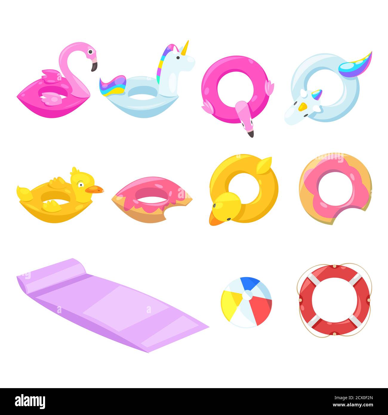 Pool niedlich Kinder aufblasbare Schwimmer, Vektor isolierte Design-Elemente. Unicorn, Flamingo, Ente, Ball, Donut Symbole Stock Vektor