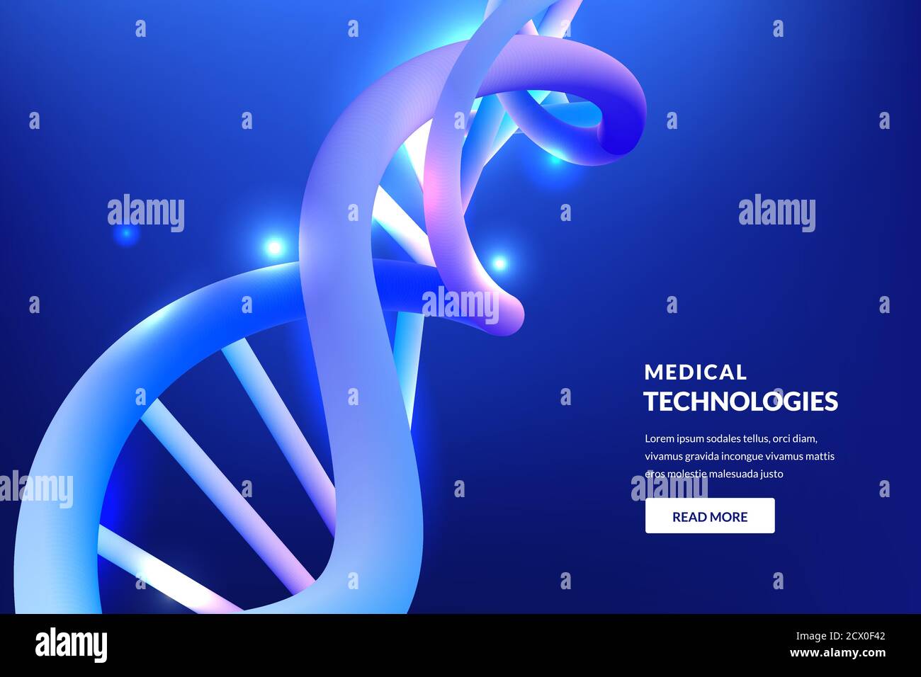 Abstrakt Neon leuchtenden 3d DNA blauen Hintergrund. Vektorgrafik. Medizintechnik, Biotechnologie, Wissenschaftsforschung Konzept. Stock Vektor