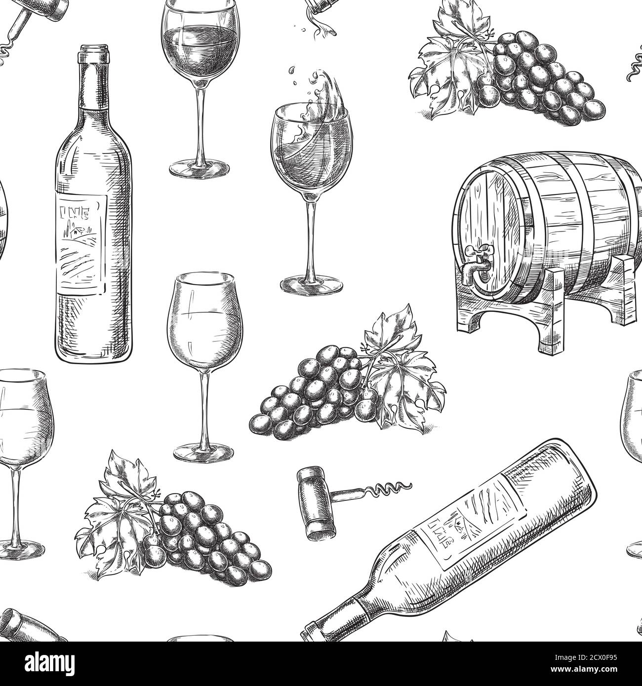 Wein nahtlose Vektor-Muster. Skizze handgezeichnete Illustration von Flasche, Gläser, Weinrebe, Fass, Korkenzieher. Druck- oder Hintergrunddesign. Stock Vektor
