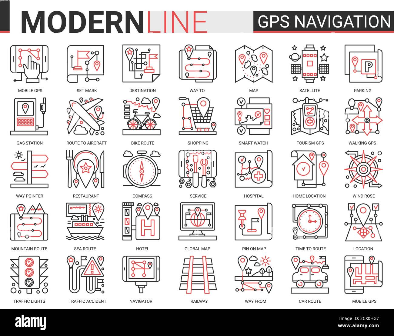 GPS Navigation Service komplexe Konzept Linie Symbol Vektor gesetzt. Rot schwarz dünne lineare Website Design Sammlung von Reisesymbolen für mobile Navigator, Karte Geo Lage von zu Hause oder Reise Ziel Stock Vektor