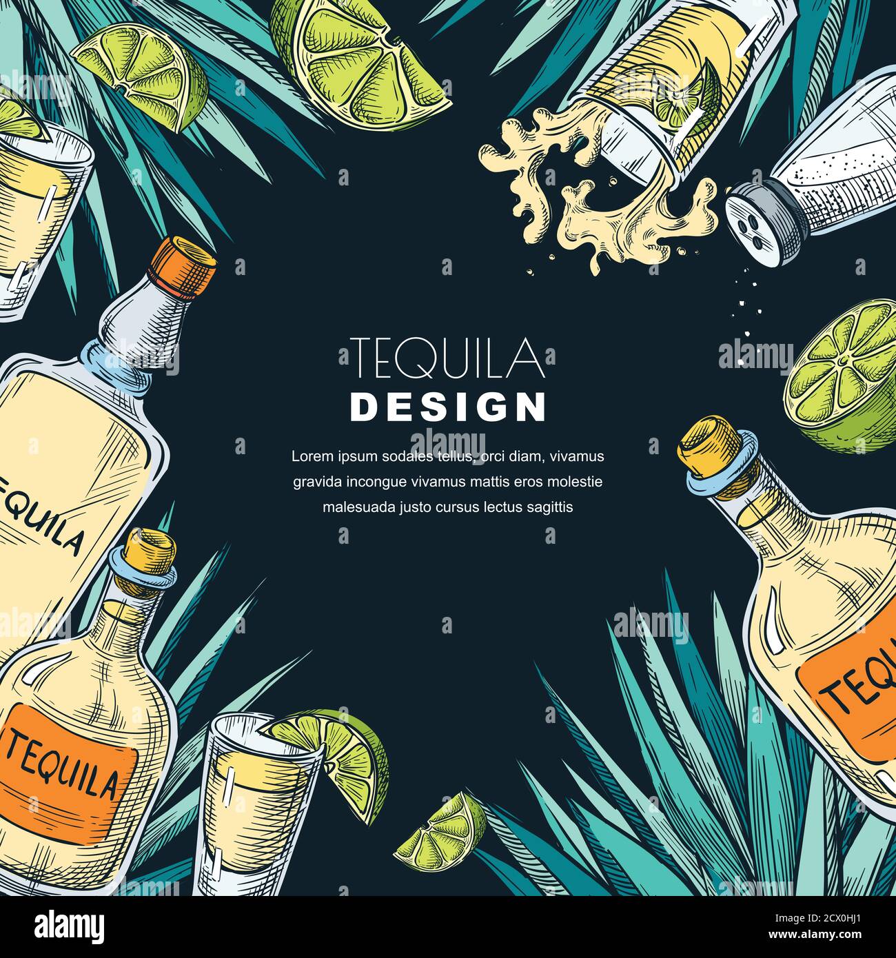 Tequila Label Design Vorlage. Skizzenvektordarstellung von Flaschen, Schnapsglas, Kalk und Agave. Balkenmenü schwarzer Rahmen Hintergrund. Stock Vektor