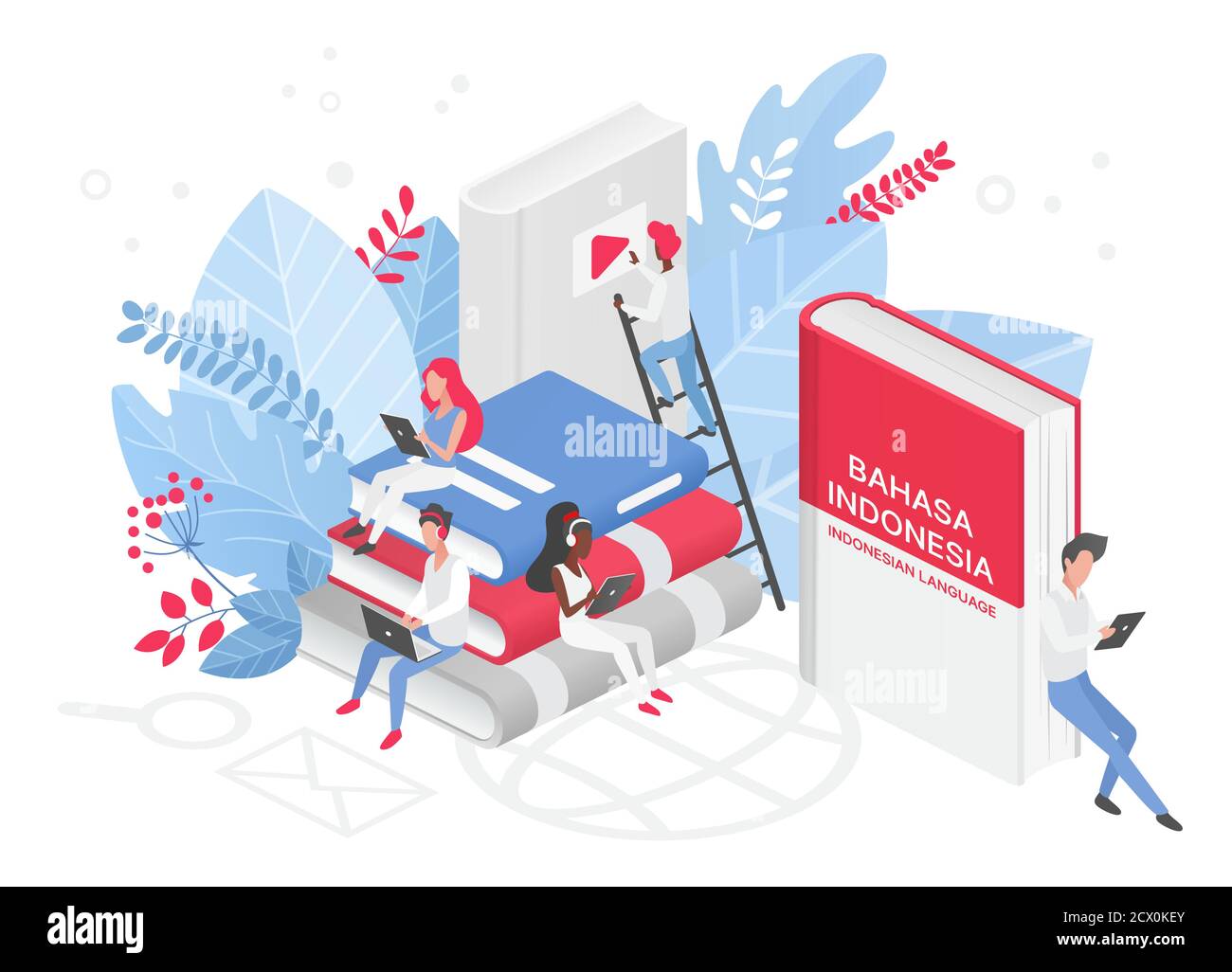 Online Indonesisch Sprachkurse isometrische 3d Illustration. Fernunterricht, Fernschule, Indonesien Universität. Sprache Internet-Klasse, Studenten Bücher lesen. Fremdsprachen unterrichten. Stock Vektor