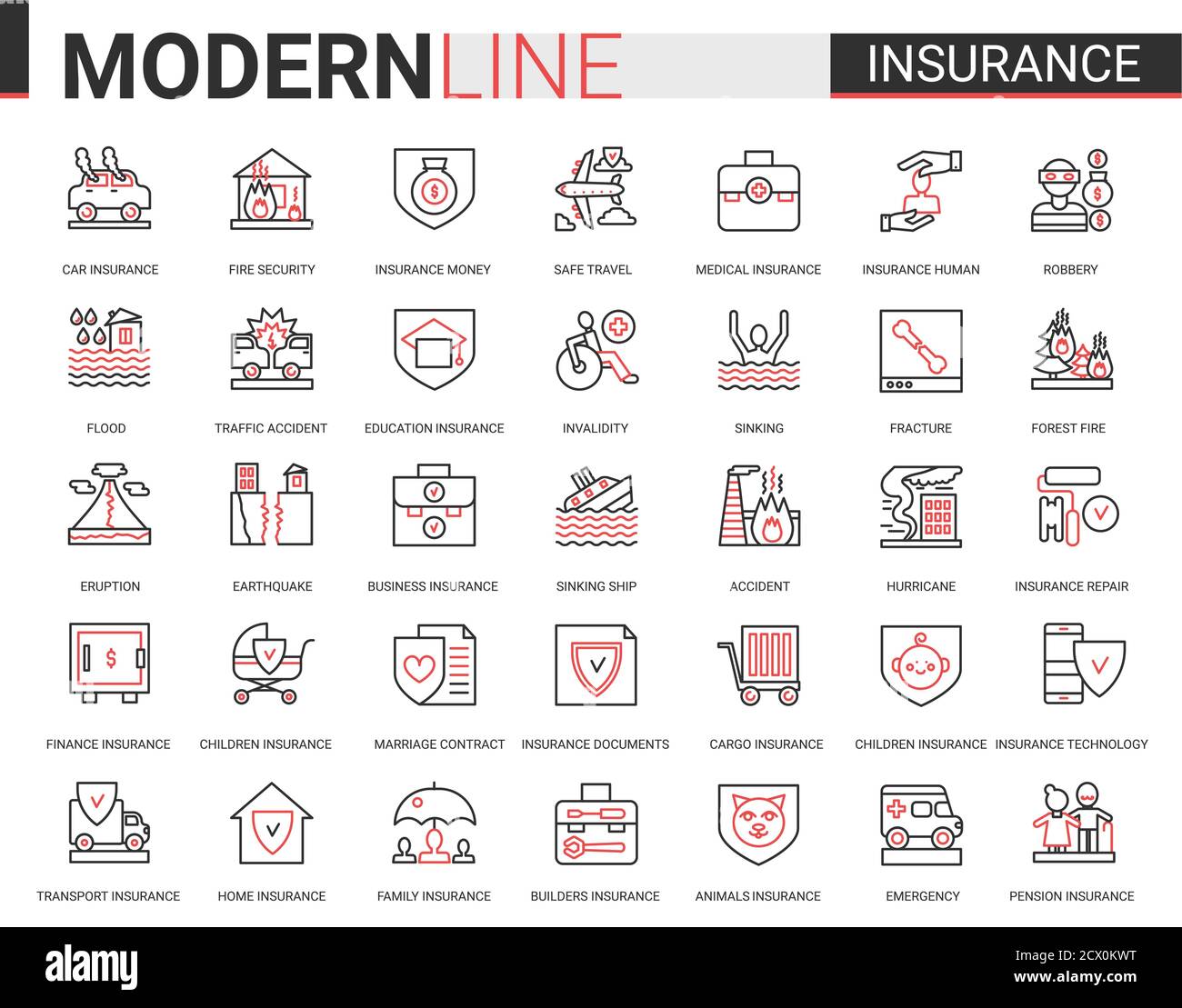 Versicherung flach dünne rote schwarze Linie Symbol Vektor-Illustration Set mit Outline Assurance Infografik App Symbole der Versicherung für Familiengesundheit, Hauseigentum oder Autotransport, Geschäftsfinanzierung Stock Vektor