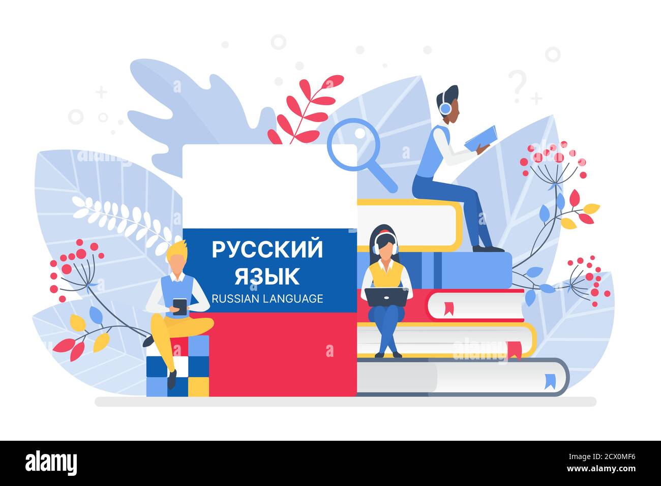 Menschen lernen russische Sprache Vektor Illustration. Russland Fernbildung, Online-Lernkurse Konzept. Studenten lesen Bücher Zeichentrickfiguren. Fremdsprachen unterrichten Stock Vektor