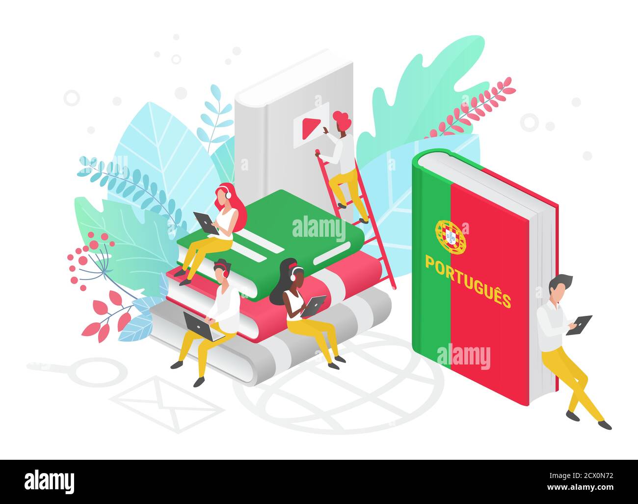 Menschen lernen Portugiesisch isometrische 3d-Illustration. Portugal Fernunterricht, Online-Lernkurse Konzept. Studenten lesen Bücher Zeichentrickfiguren. Fremdsprachen unterrichten. Stock Vektor