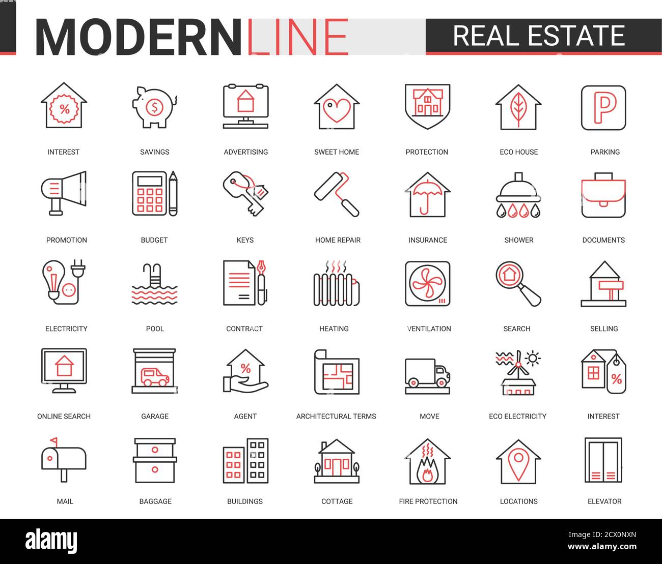 Immobilien dünne rote schwarze Linie Symbol Vektor Illustration Set. Lineare Symbole des Hausverkaufs oder Versicherungsvertrag, Hypothekenrechner der Wohnung zu Hause suchen App, Haushaltsgeräte editierbaren Schlaganfall Stock Vektor
