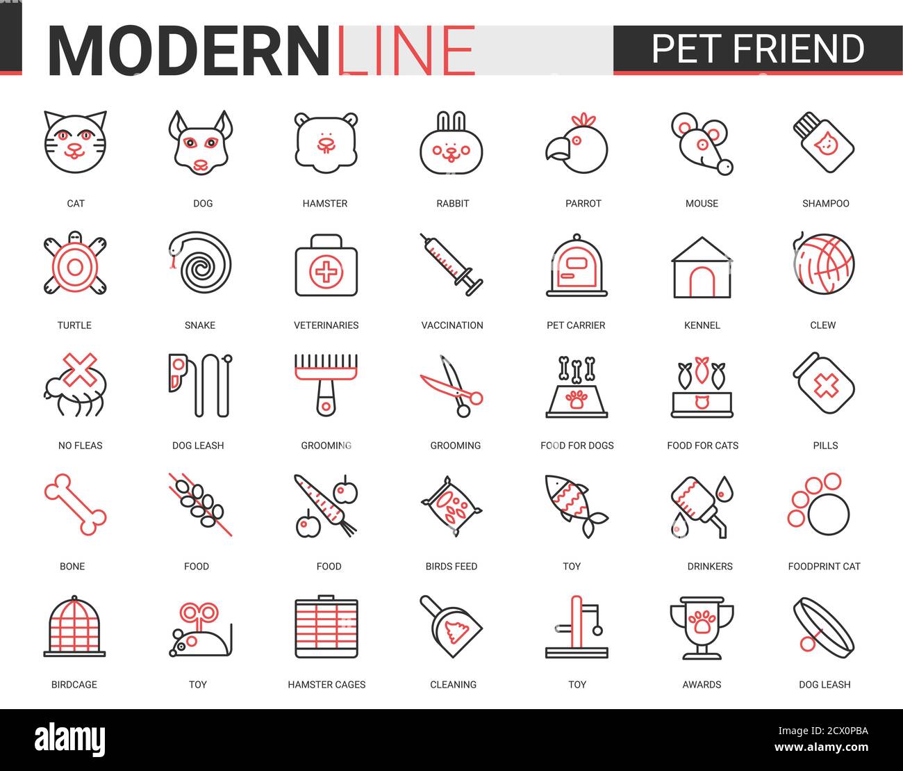 PET Shop dünne rote schwarze Linie Symbol Vektor Illustration Set mit Umriss Veterinär Symbole für Hund Katze Schlange Fisch Maus Hamster Kaninchen Papagei Vogel Tierpflege Tierarztartikel, lineare Futterspielzeug für angenommen Tier Stock Vektor
