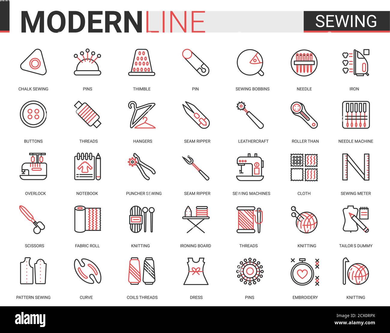 Nähen Schneiderei dünne rote schwarze Linie Symbol Vektor Illustration Set. Outline Tailor Nadelarbeit App Symbole, Ausrüstung und Artikel Sammlung für Stickerei Stricken oder Nähen Kleidung Arbeit editierbaren Strich Stock Vektor
