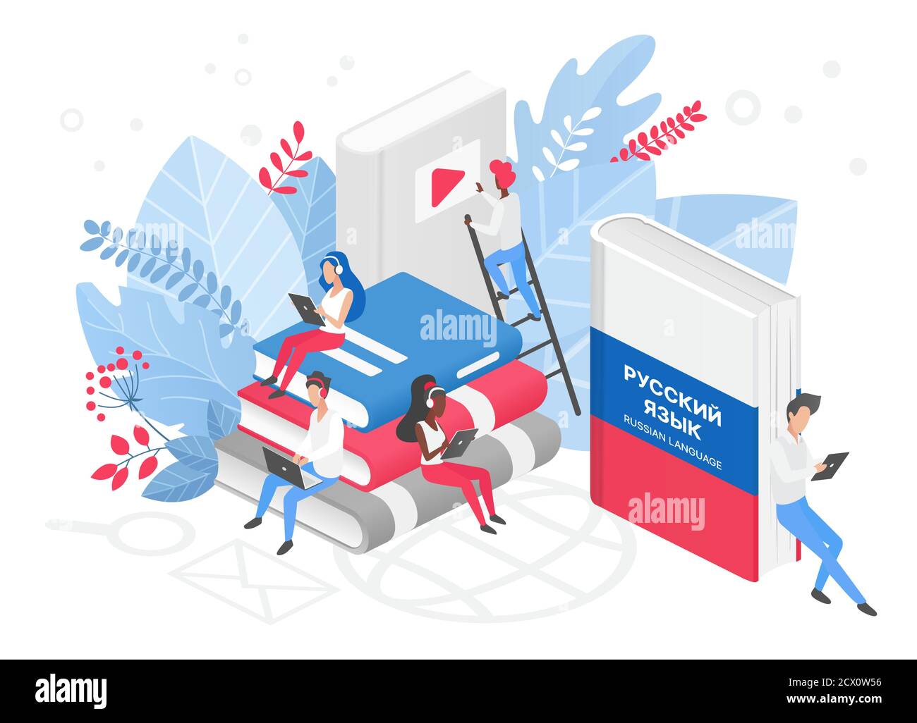 Menschen lernen russische Sprache Vektor isometrische 3d-Illustration. Russland Fernbildung, Online-Lernkurse Konzept. Studenten lesen Bücher Zeichentrickfiguren. Fremdsprachen unterrichten Stock Vektor