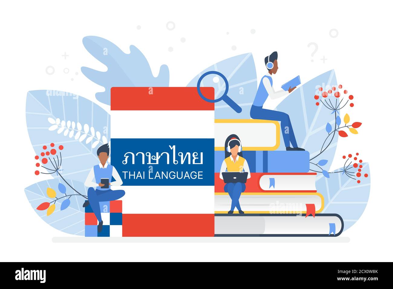 Menschen lernen Thai Sprache Vektor Illustration. Thailand Fernunterricht, Online-Lernkurse Konzept. Studenten lesen Bücher Zeichentrickfiguren. Fremdsprachen unterrichten Stock Vektor