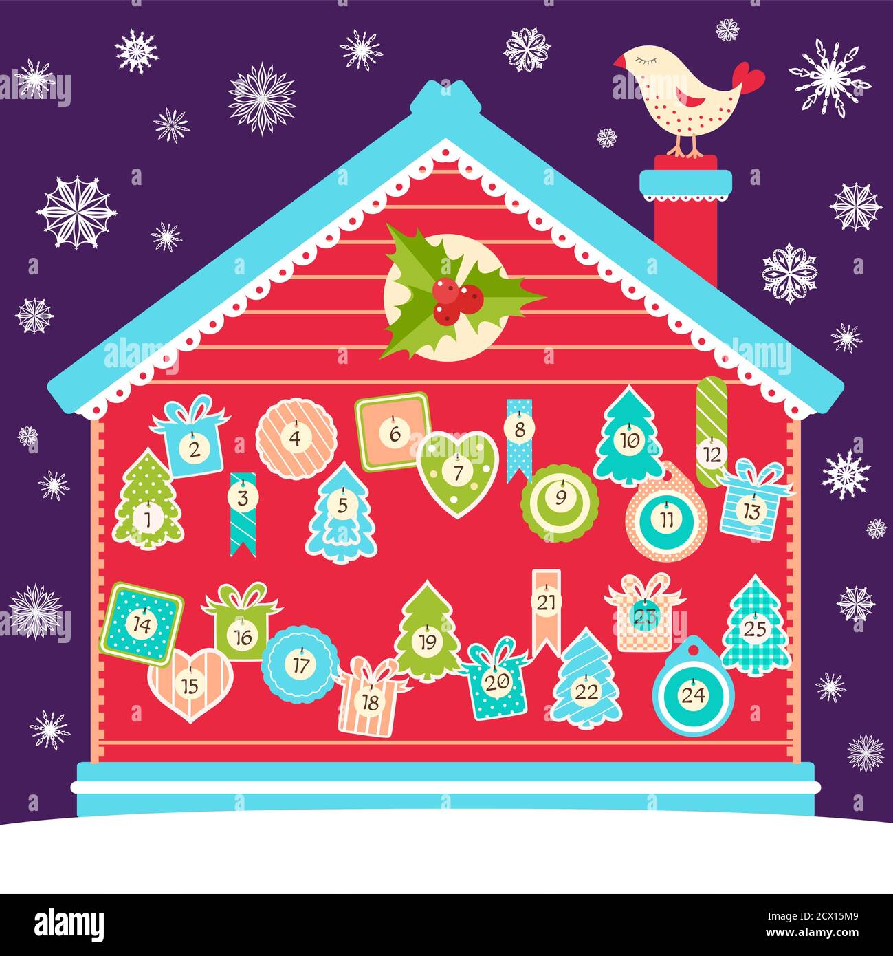 Quadratischer Hintergrund mit Weihnachts-Adventskalender mit Cartoon-Vogel,  Haus und Etiketten im Retro-Stil. Set von Winterurlaub Weihnachten Tags mit  Zahlen. Vec Stock-Vektorgrafik - Alamy