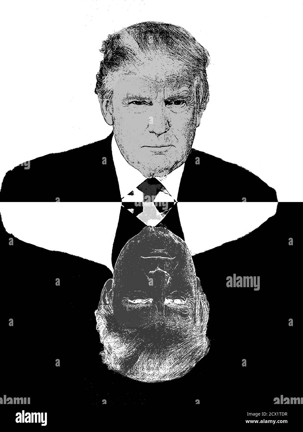 Donald Trump sieht sich selbst gegenüber, schwarz-weiße Illustration im Cartoon-Stil. Lügen von Trump, Doppelpersönlichkeit, ambivalent. Scheitern von Trump. trump 2024 Stockfoto