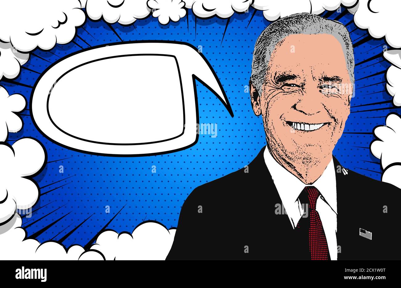 Cartoon-Box mit einer Illustration von Joe Biden sprechen. Leere Dialogblase zum freien Schreiben von Text, Leerzeichen. Schaufel, Veranstaltung, explosive Sprache... Pop Stockfoto