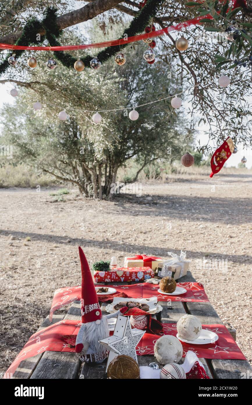 Weihnachtsdekoration auf einem Picknicktisch unter einem geschmückten Olivenbaum, auf dem Land nach einem Familienjause Stockfoto