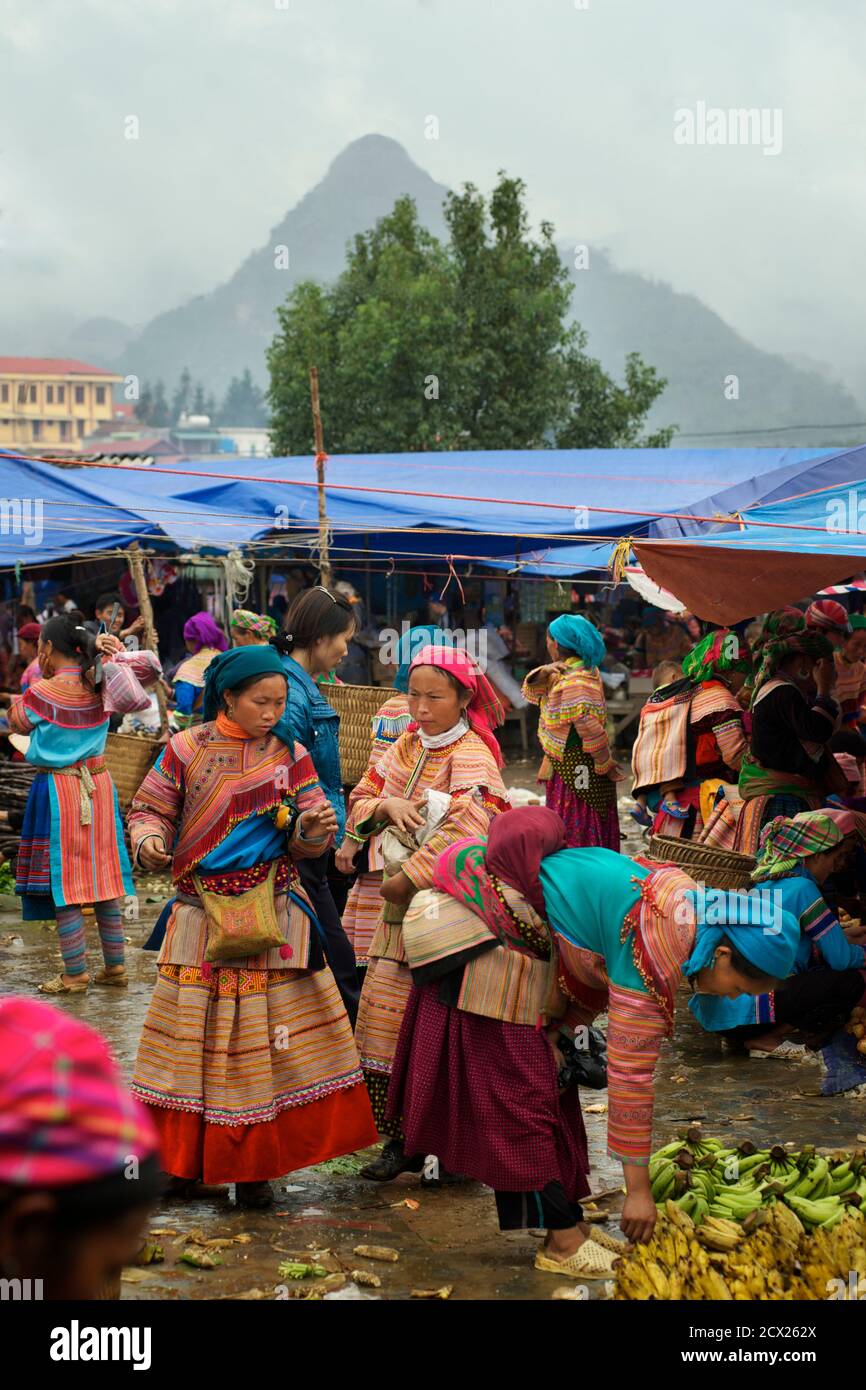 Flower Hmong Frauen am Sonntagsmarkt von Bac Ha. Lao Cai Provinz, Nord-Vietnam Stockfoto