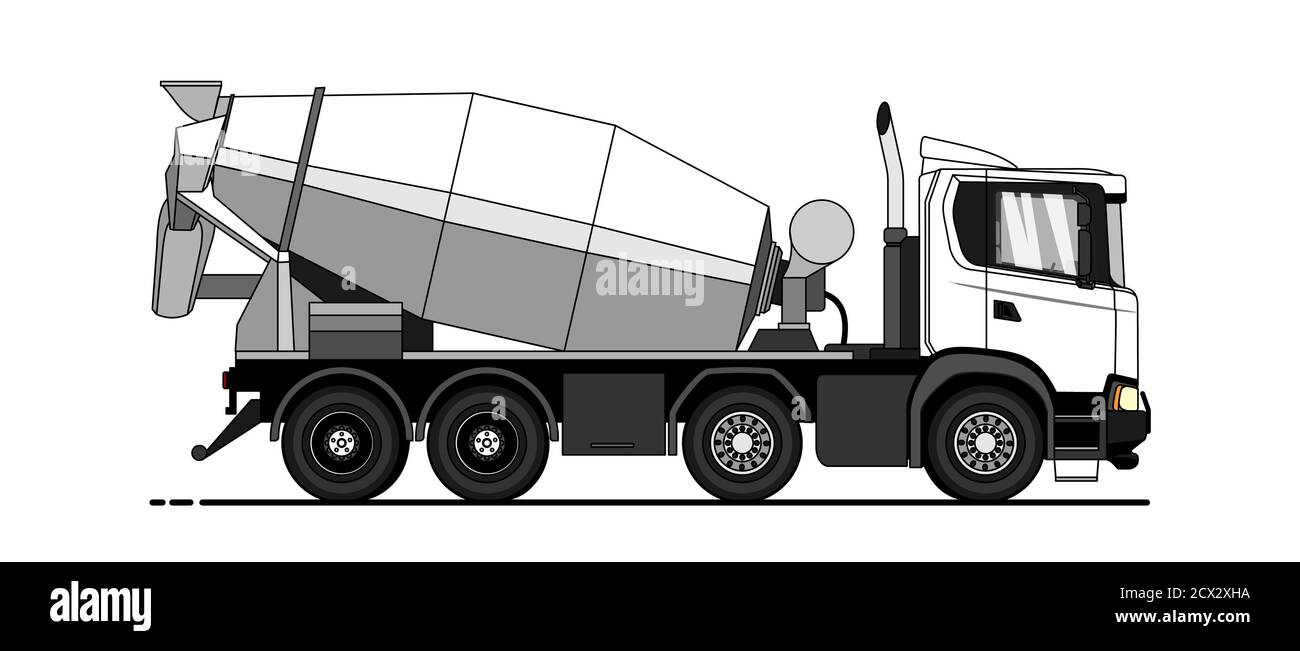 Vektor-Illustration Zement Mixer Truck, Seitenansicht. Vorlage für Corporate Identity, Branding und Werbung. Moderne flache Vektorgrafik. Stock Vektor