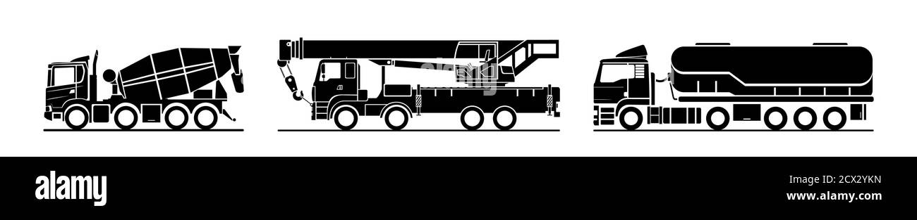 Vector Set von schwarzen Symbolen von Auto-Mixer, Tankwagen, LKW-Kran auf weißem Hintergrund. Stilvolles Symbol für Logo. Arbeitswagen. Betonmischer, Kran, tan Stock Vektor