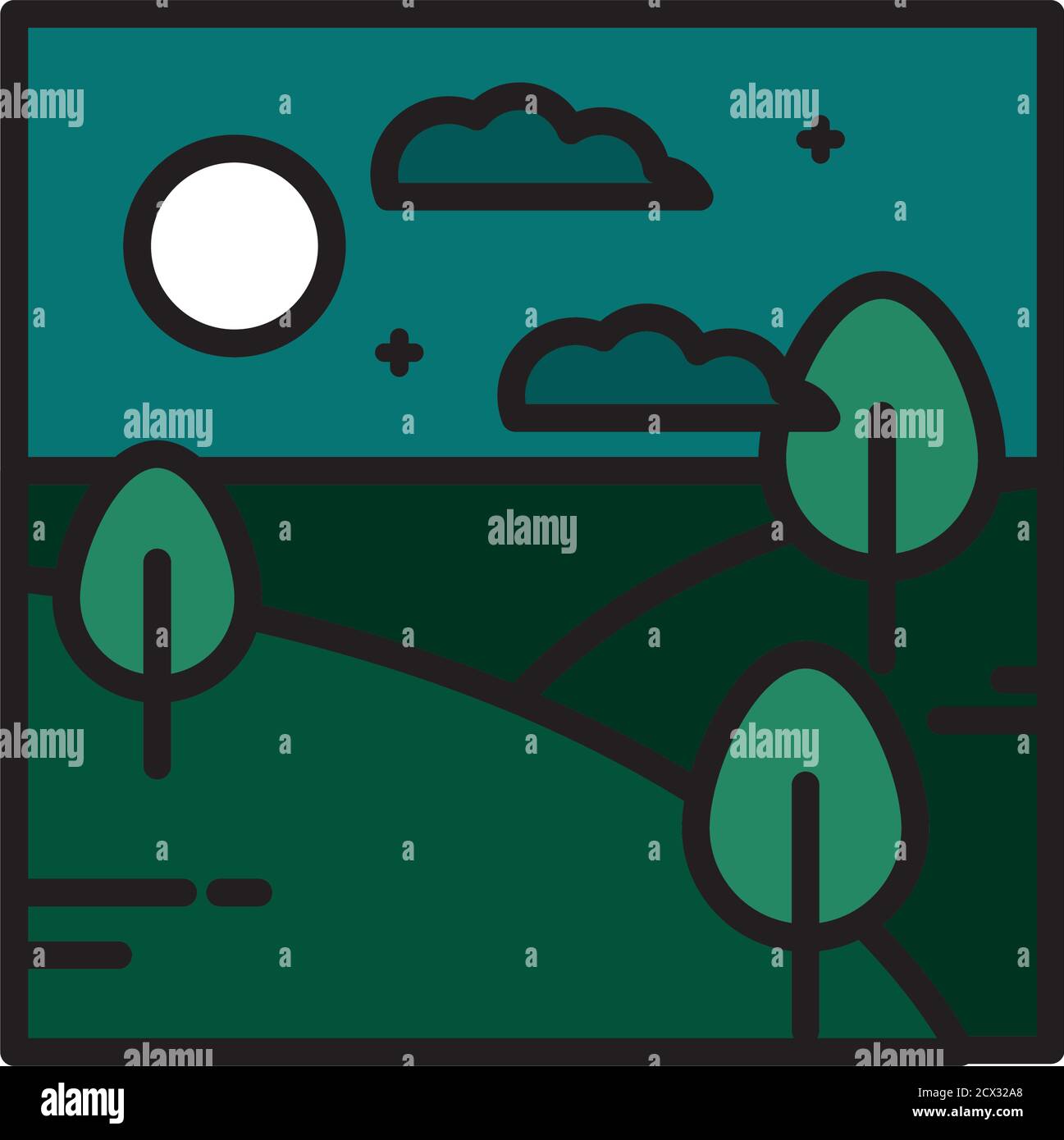 Landschaft Wald Bäume Nacht Mond Himmel Wolken Cartoon Linie und Vektorgrafik für Füllstil Stock Vektor