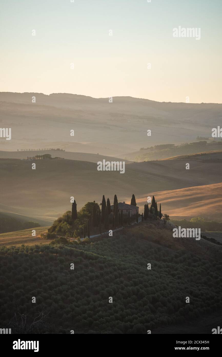 Podere Belvedere Villa in Val d'Orcia, Toskana, Italien bei Sunrise Stockfoto