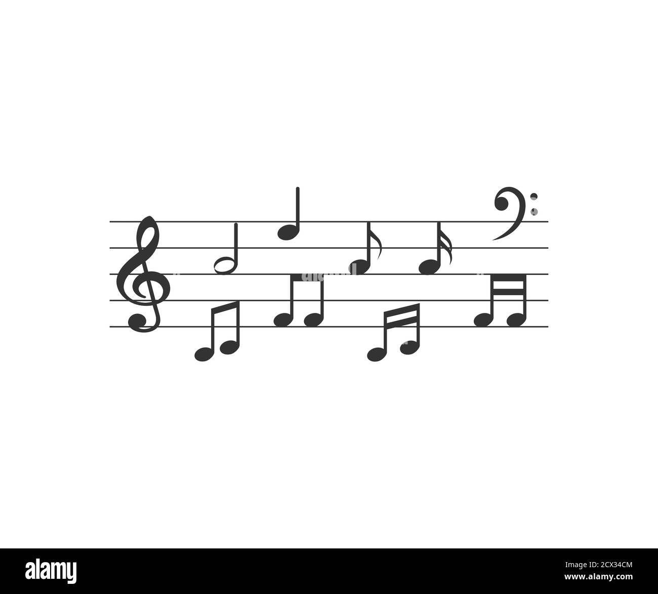 Noten Symbole Satz, Notensysteme und Notenzeilen.. Vektor-Illustration, flaches Design. Stock Vektor