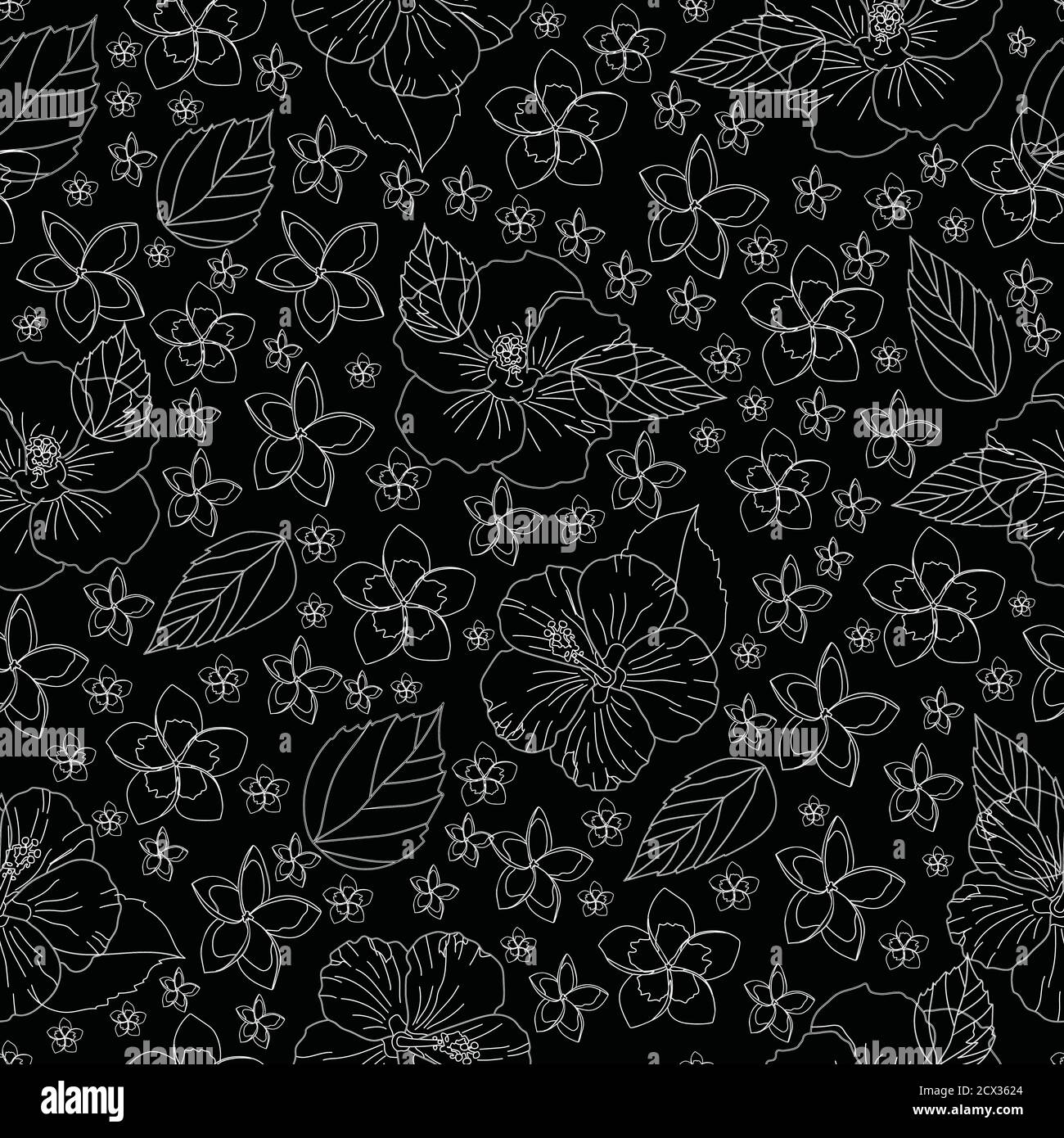Hibiskus und Plumeria und Blätter umreißen nahtloses Muster Stock Vektor