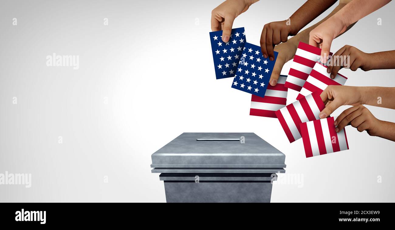 US-Community-Abstimmung und amerikanische Wahlvielfalt Konzept und verschiedene Hände Casting Vereinigte Staaten Stimmzettel in einem Wahllokal als USA demokratisch. Stockfoto