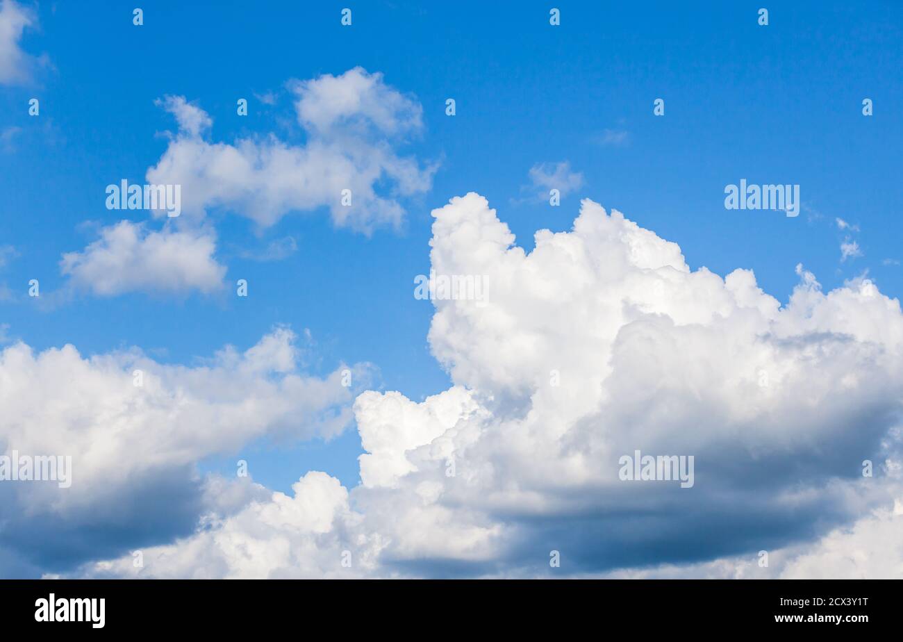 Blauer Himmel mit weißen Cumulus Wolken am Tag. Natürliche Fototextur im Hintergrund Stockfoto