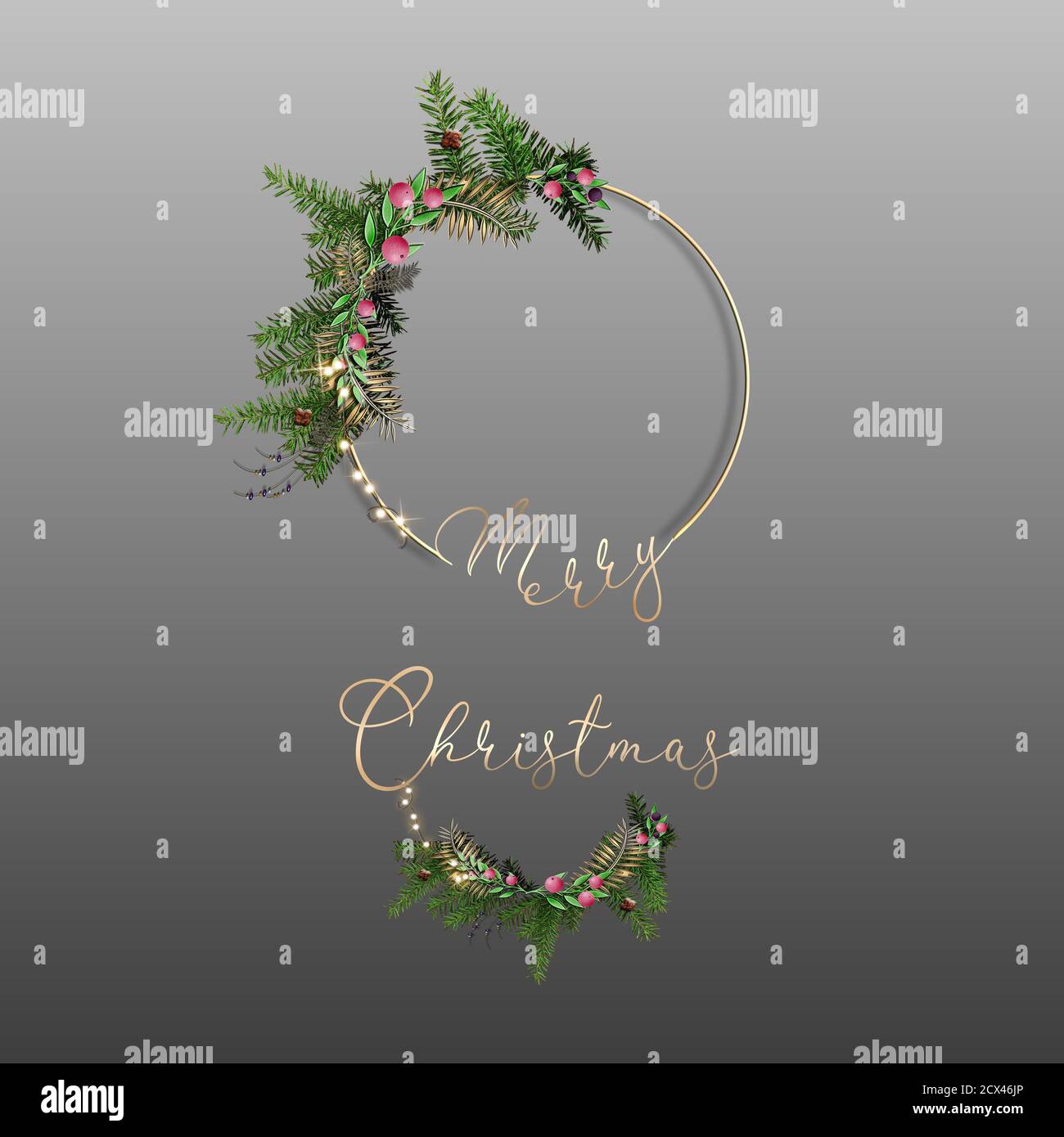 Weihnachtskranz für Grußkarten Vorlage. 3D-Illustration. Romantischer Kranz, Gold Text Frohe Weihnachten auf pastellfarbenem Hintergrund. Für Text platzieren Stockfoto