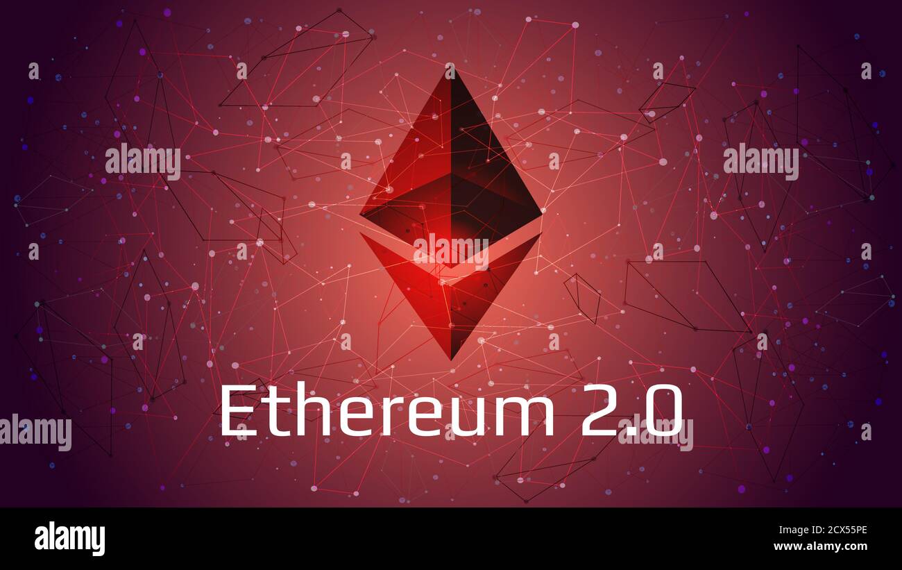 Ethereum 2.0 aktualisiert - Kryptowährung Münzsymbol auf abstraktem polygonalem rotem Hintergrund. Neue Richtung nach harter Gabel. Proof-of-Stake-POS-Konsens. Stock Vektor