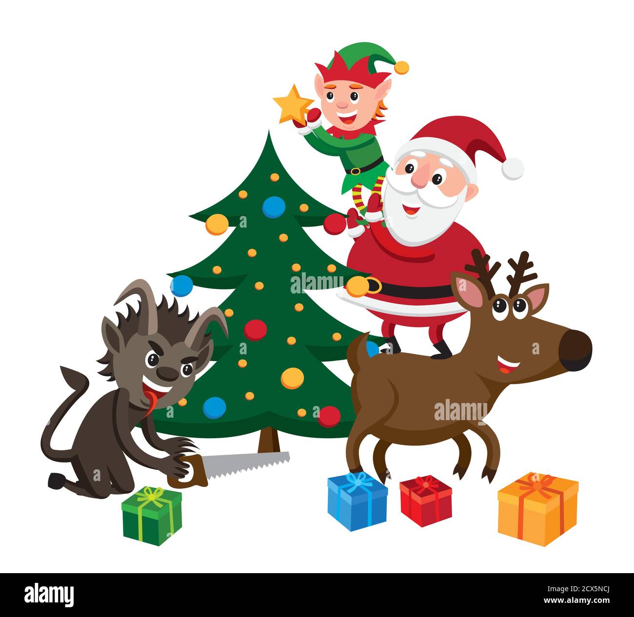 Krampus sabotiert Weihnachtsbaum Stock Vektor