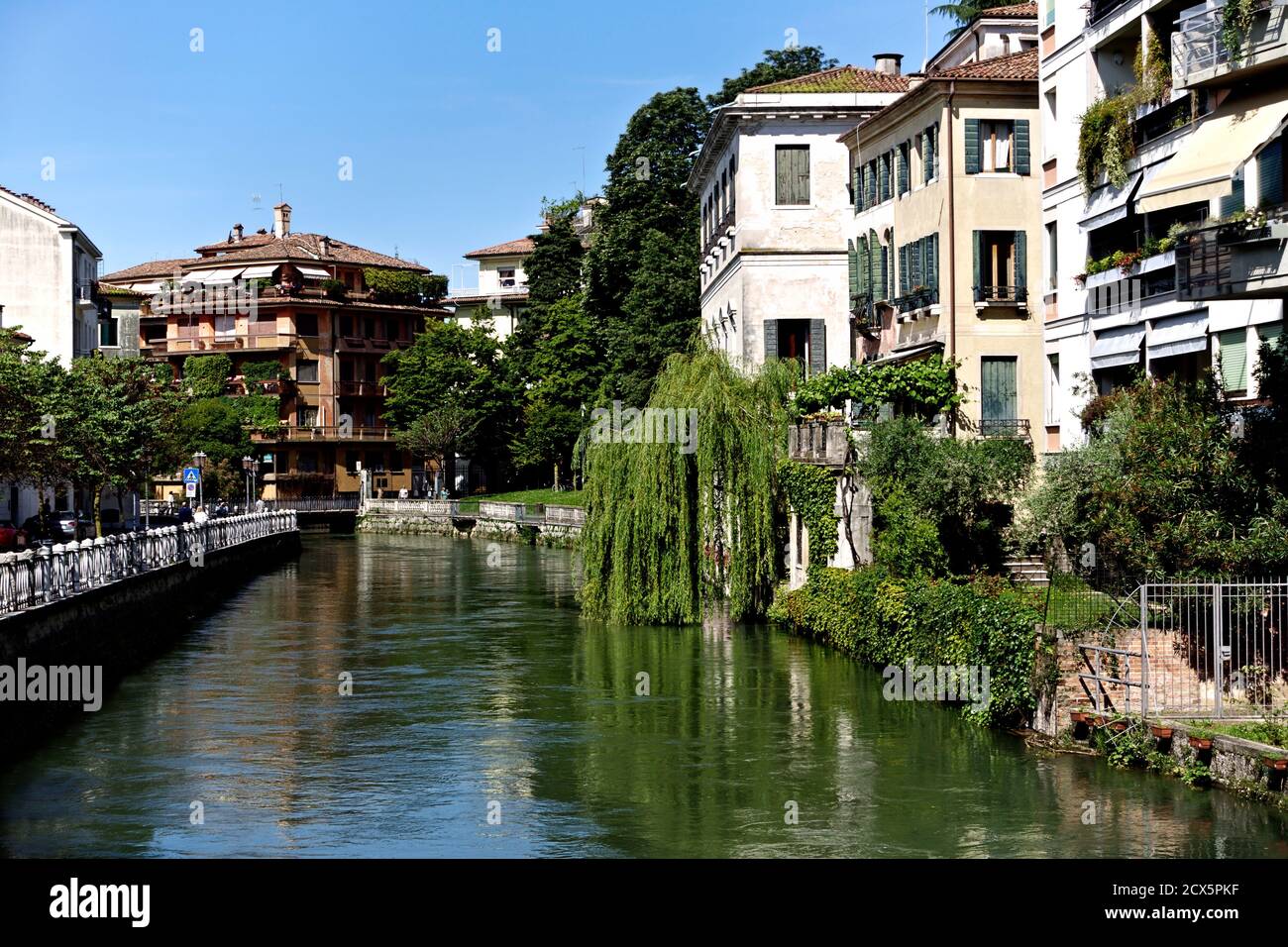 Blick auf die typisch venezianischen Gebäude entlang der Fluss Sile, Riviera Santa Margherita. Weeping Willow Tree. Treviso, Venetien, Italien, Europa. Kopieren Sie Platz. Stockfoto