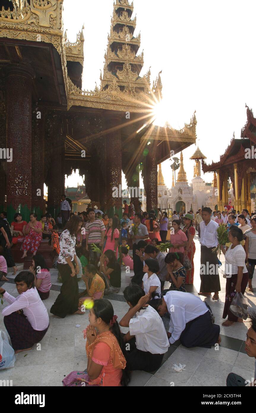 Buddhistische Verehrer in der Shwedagon Pagode, Rangun, Burma Stockfoto