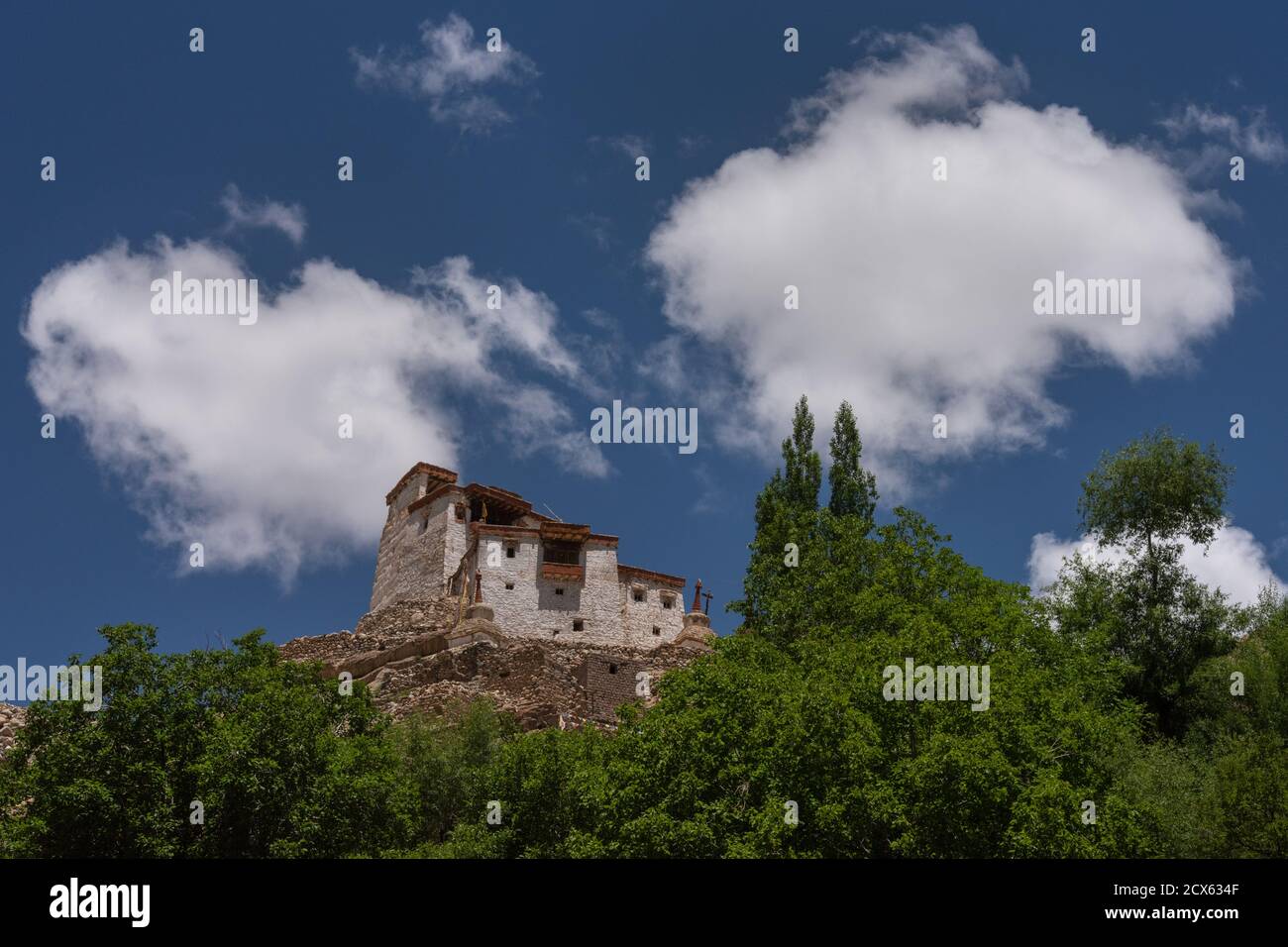 Tibetisch-buddhistische Bergdorf, kleines Haus auf einem Hintergrund des blauen Himmels unter grünen Bäumen, Ladakh, Nordindien Stockfoto