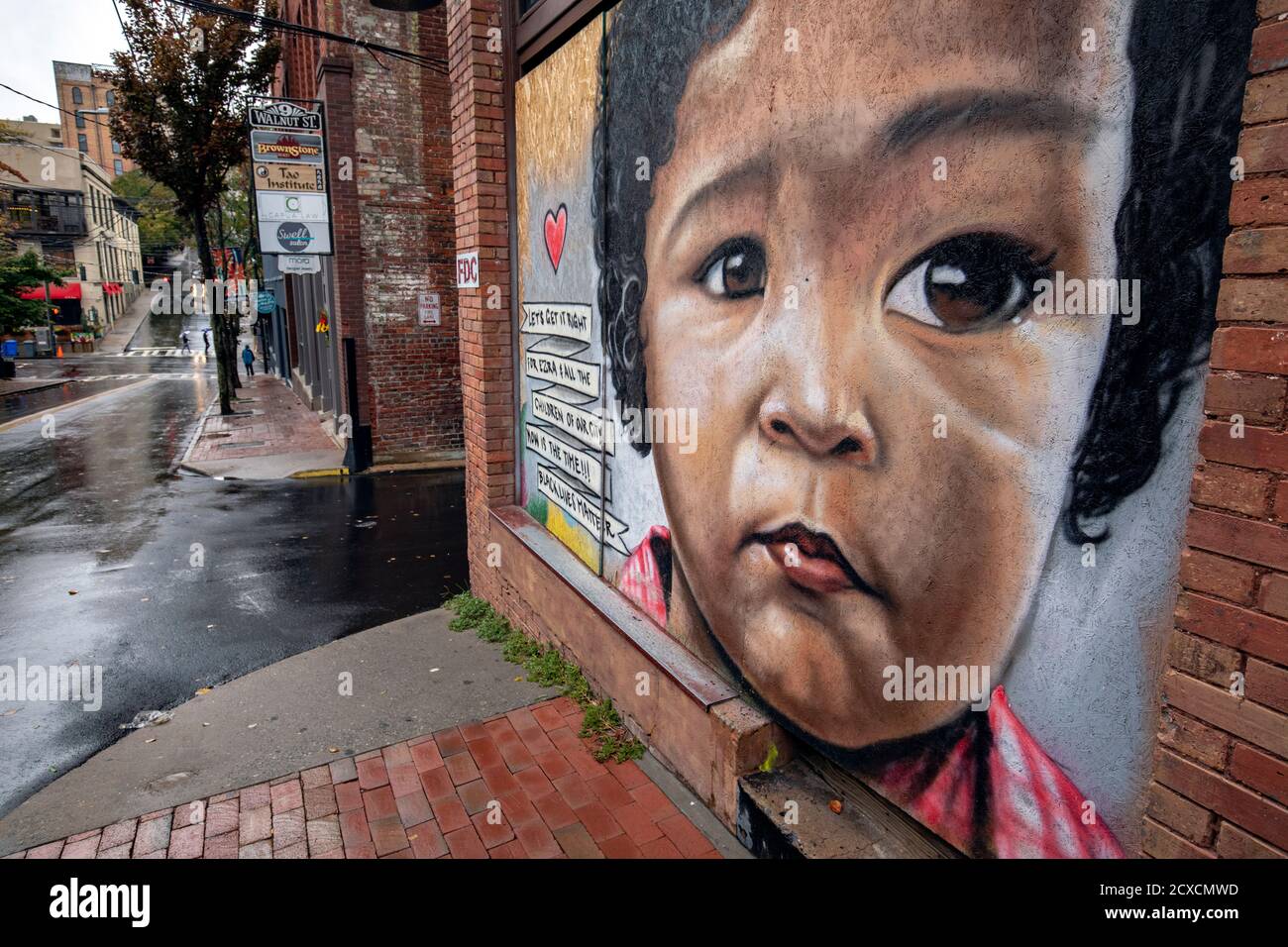 Street Art/Wandbilder zur Unterstützung der Black Lives Matter Bewegung auf der Walnut Street - Downtown Asheville, North Carolina, USA Stockfoto