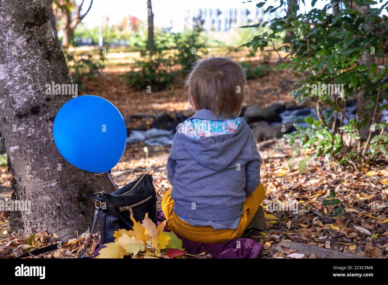 Foto eines kleinen einsamen Jungen in einer grauen Jacke und einer orangen Hose, der auf dem Boden neben einem Park-Bach sitzt. Blauer Ballon an eine Tasche neben ihm gebunden. Stockfoto