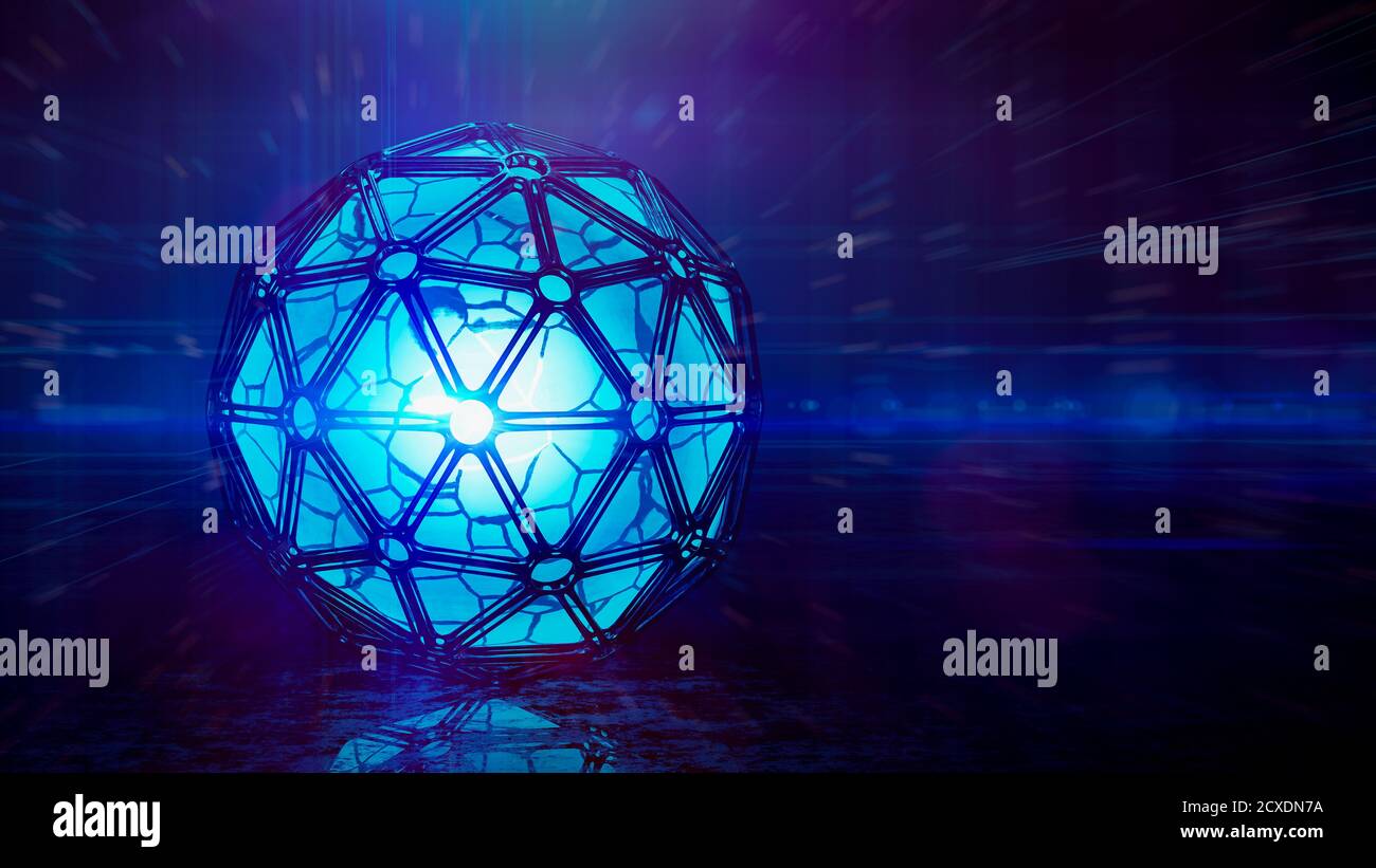 Abstract Blue Icosphere Hintergrund futuristische Technologie Stil. Neon Box 3D Illustration Stockfoto