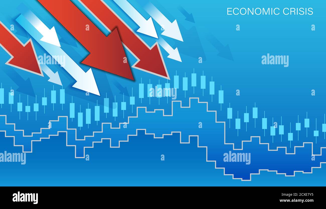 Die globale Wirtschafts- und Finanzkrise. Grafik der fallenden Aktienkurse, Währungsschwankungen. Rote und weiße Pfeile nach unten. Verringern Sie die Stock Vektor